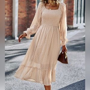NWOT Women’s smocked Swiss Dot Tiered Maxi Dress